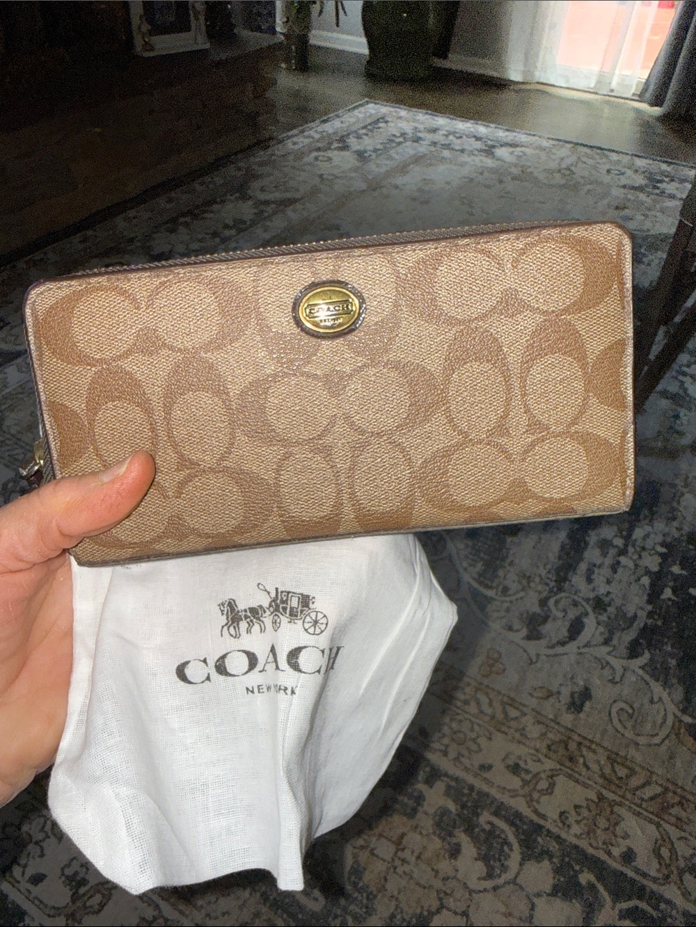 Coach Signature Zip Wallet in Tan and Brown with dust bag